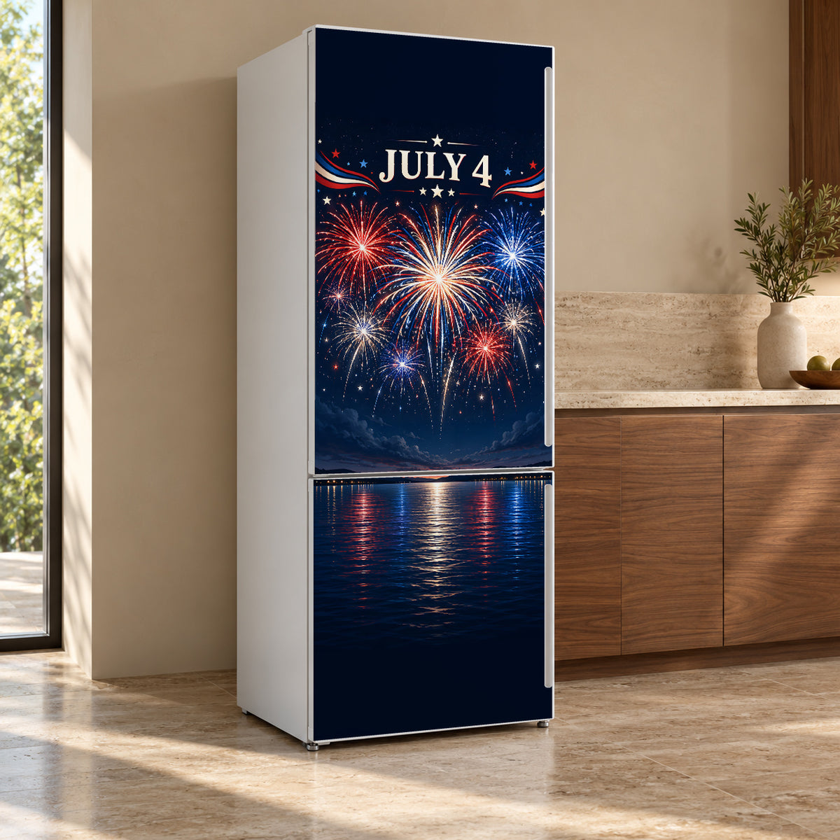 4th of July Fireworks fridge wrap, refrigerator shown at an angle