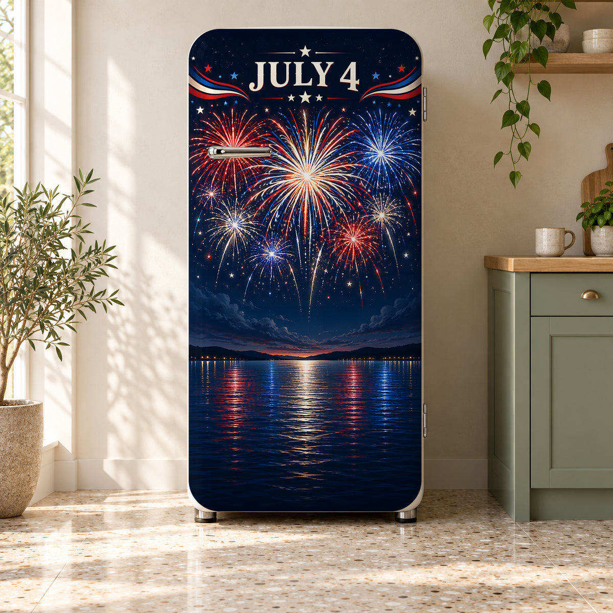4th of July Fireworks fridge wrap on a retro refrigerator