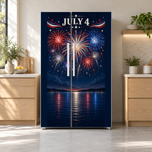 4th of July Fireworks fridge wrap on a side-by-side refrigerator