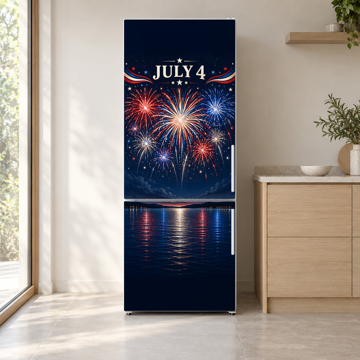 4th of July Fireworks fridge wrap on a white refrigerator in a bright kitchen