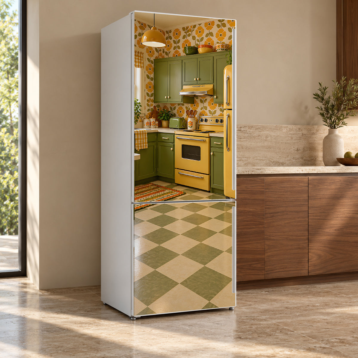 70s Avocado & Harvest Gold Kitchen fridge wrap, refrigerator shown at an angle