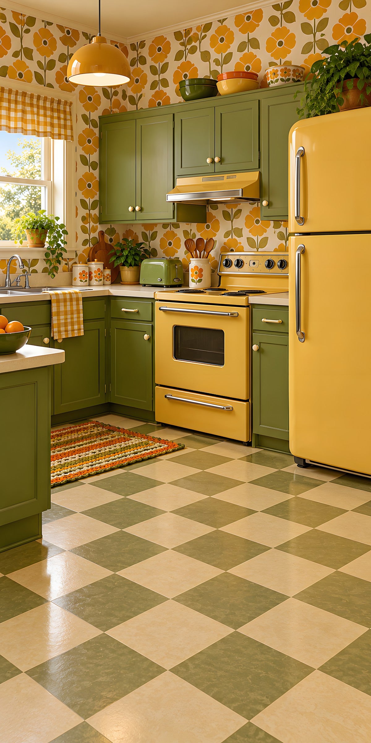 70s Avocado & Harvest Gold Kitchen fridge wrap full design