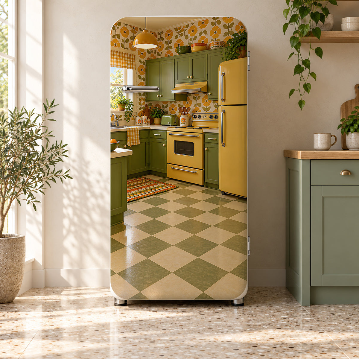 70s Avocado & Harvest Gold Kitchen fridge wrap on a retro refrigerator
