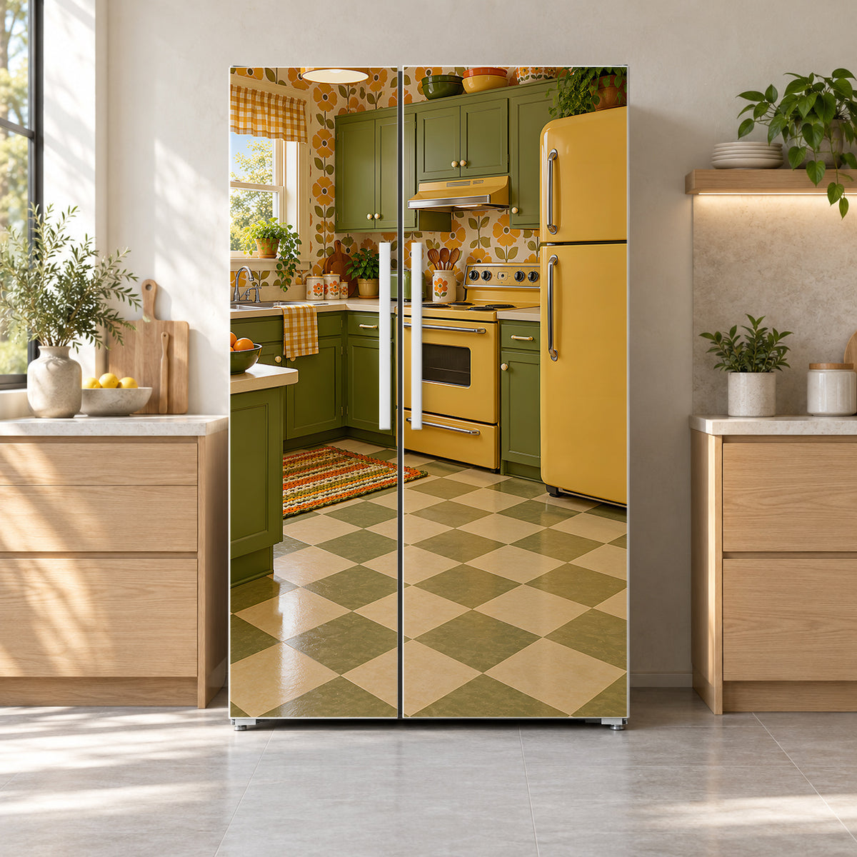 70s Avocado & Harvest Gold Kitchen fridge wrap on a side-by-side refrigerator