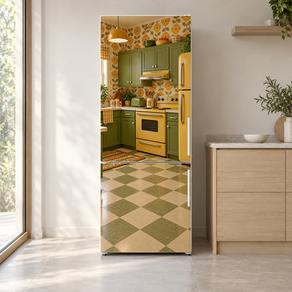 70s Avocado & Harvest Gold Kitchen fridge wrap on a white refrigerator in a bright kitchen