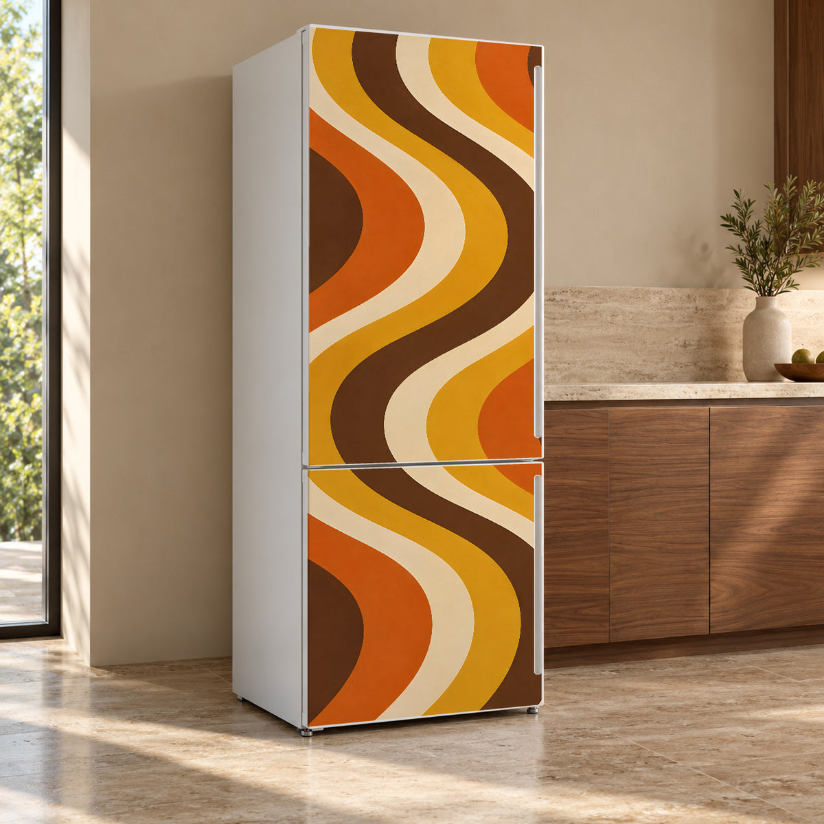70s Retro Stripes fridge wrap, refrigerator shown at an angle