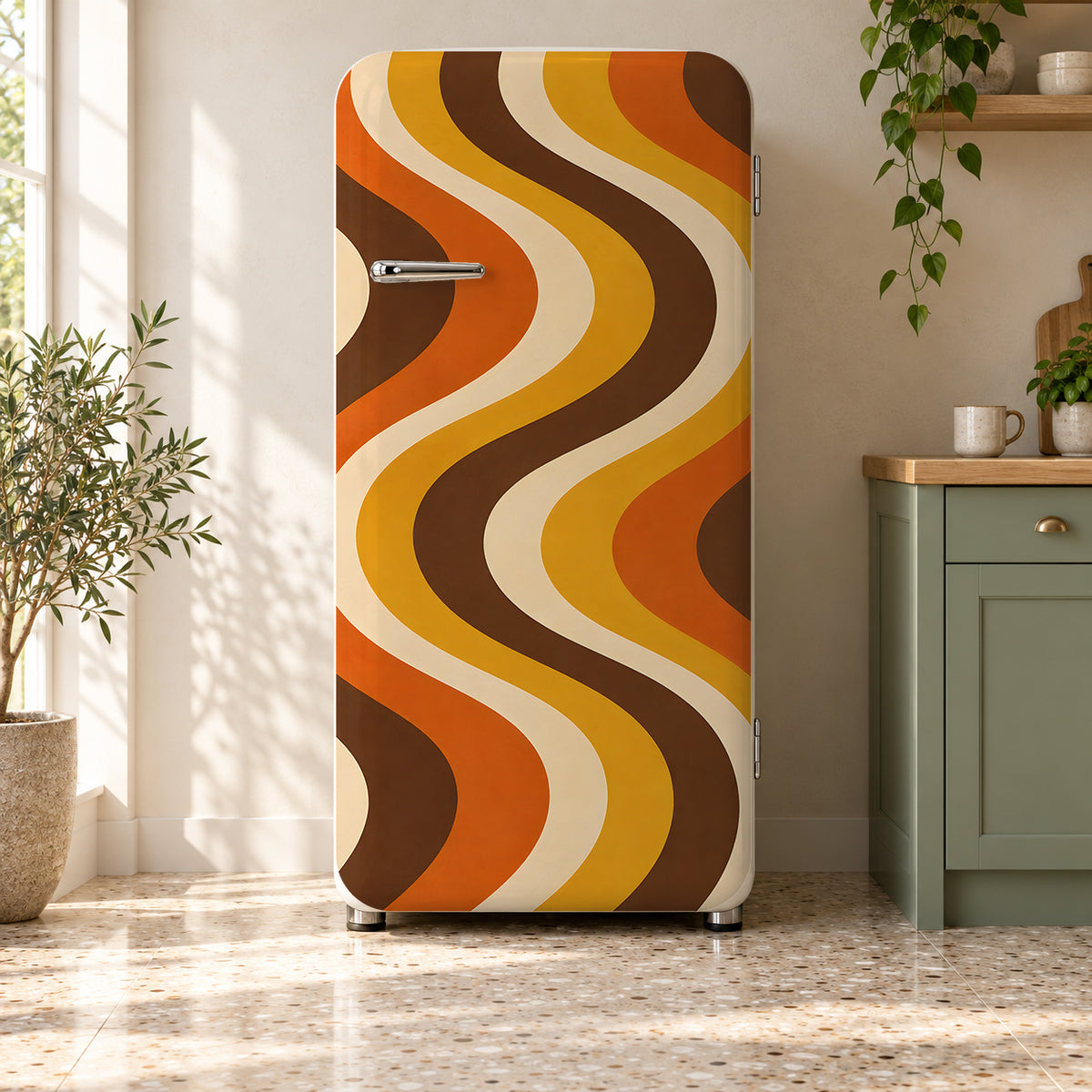 70s Retro Stripes fridge wrap on a retro refrigerator