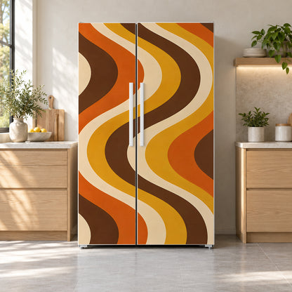 70s Retro Stripes fridge wrap on a side-by-side refrigerator