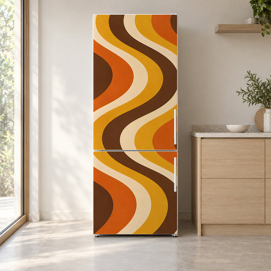 70s Retro Stripes fridge wrap on a white refrigerator in a bright kitchen