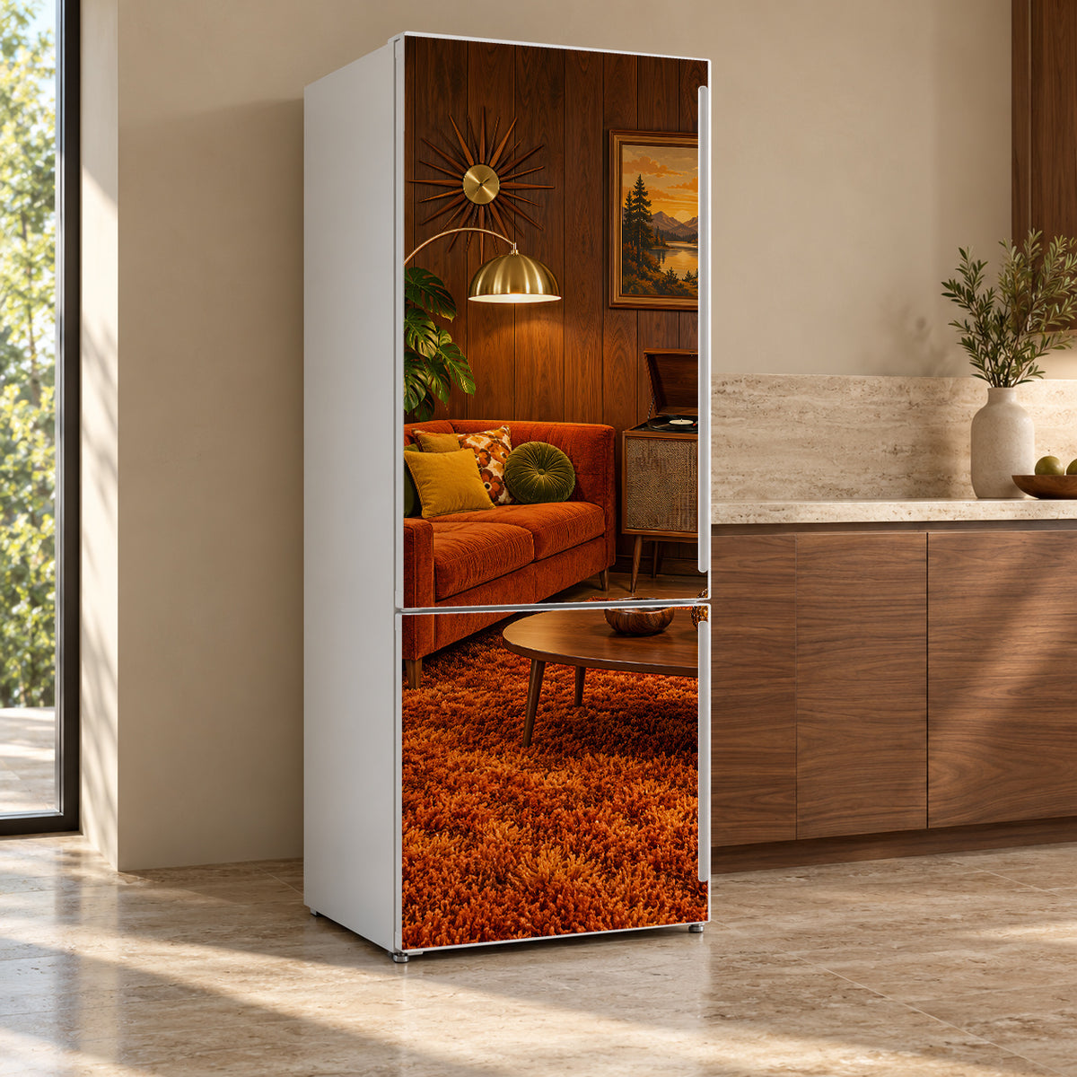 70s Wood-Panel Den fridge wrap, refrigerator shown at an angle