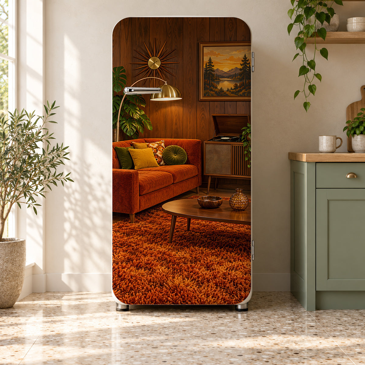 70s Wood-Panel Den fridge wrap on a retro refrigerator