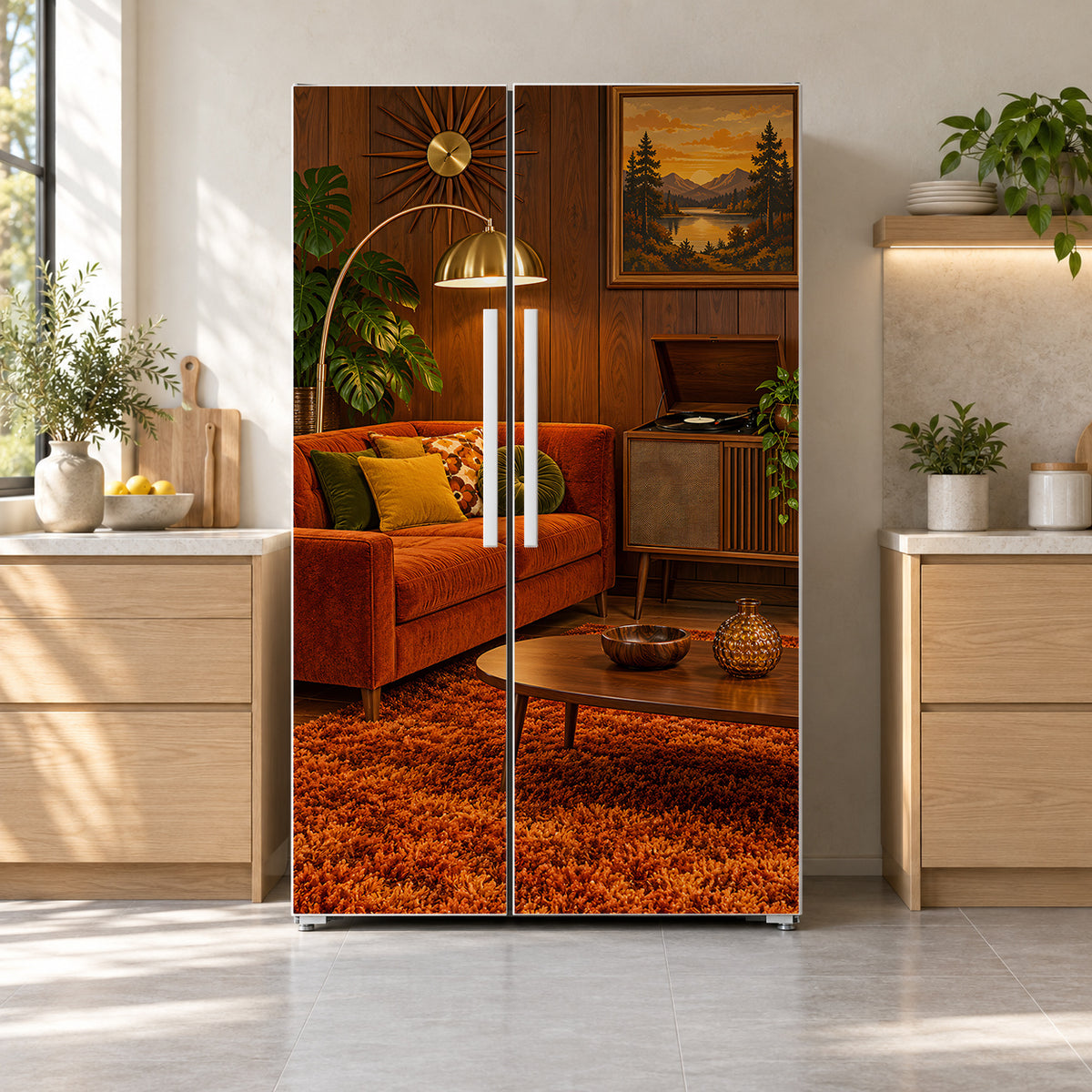 70s Wood-Panel Den fridge wrap on a side-by-side refrigerator