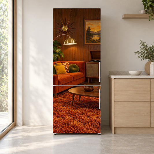 70s Wood-Panel Den fridge wrap on a white refrigerator in a bright kitchen