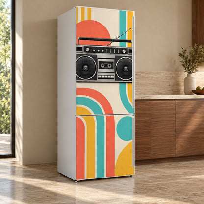 80s Boombox fridge wrap, refrigerator shown at an angle