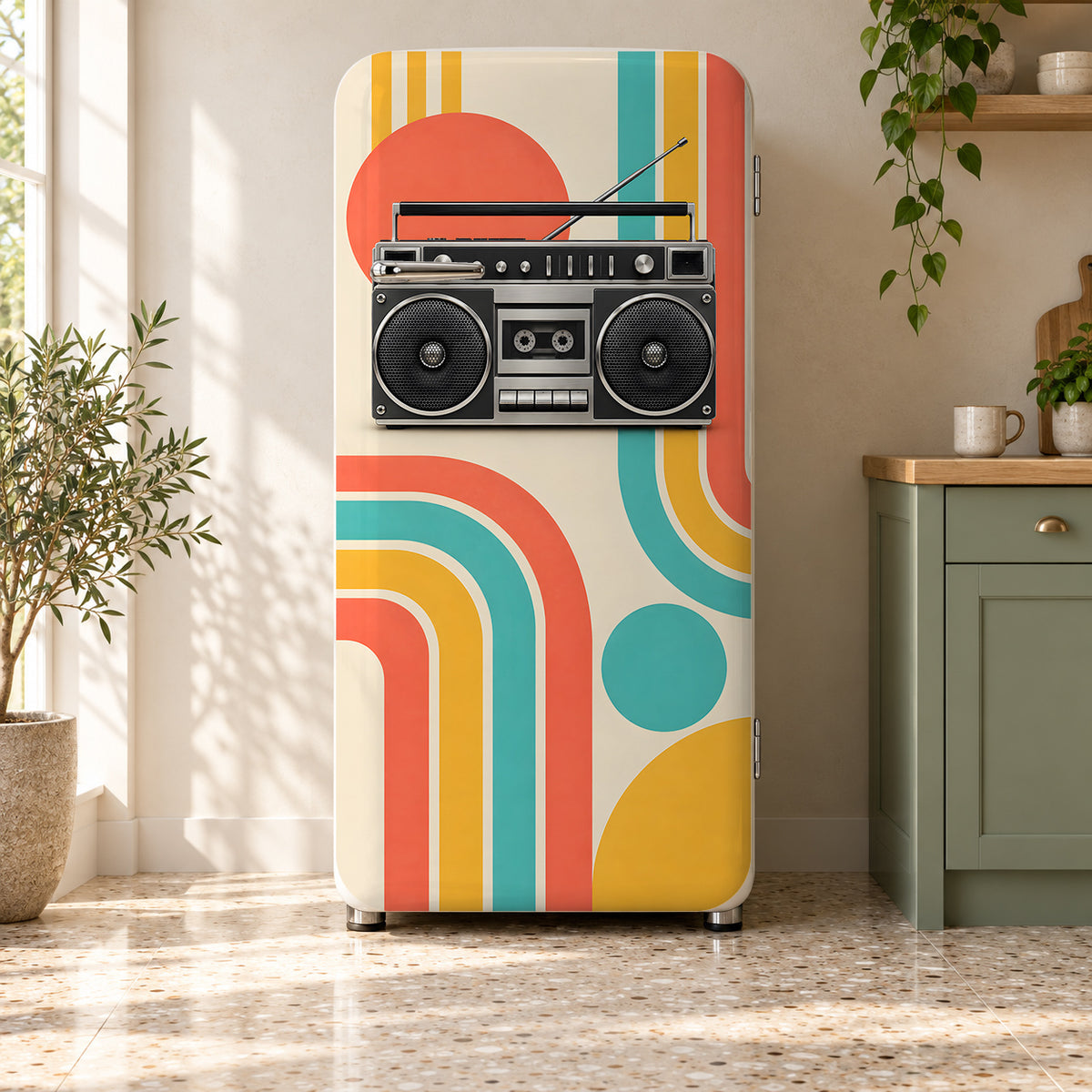 80s Boombox fridge wrap on a retro refrigerator