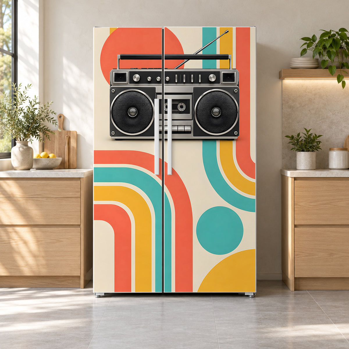80s Boombox fridge wrap on a side-by-side refrigerator