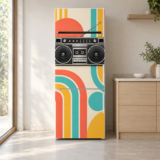 80s Boombox fridge wrap on a white refrigerator in a bright kitchen