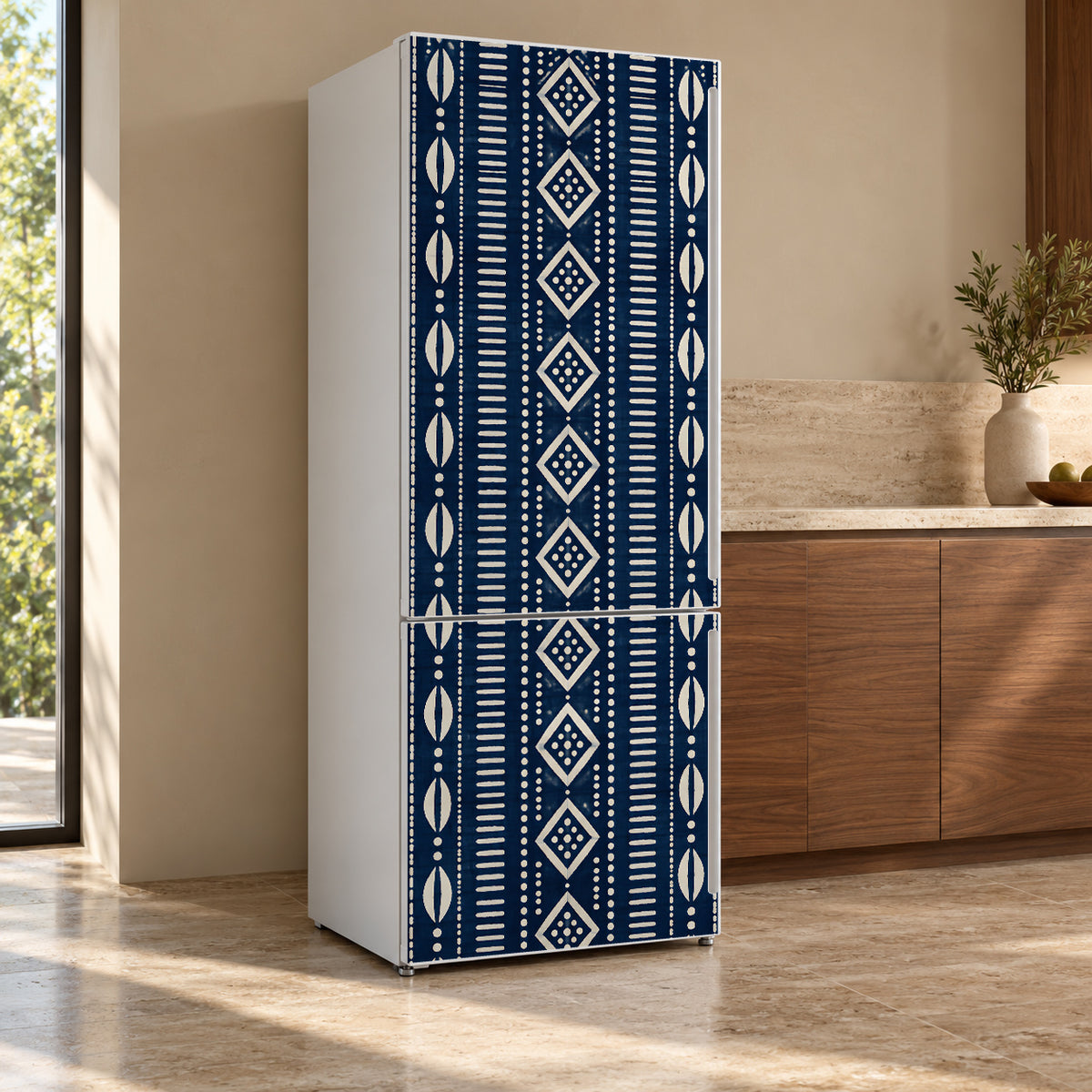 Adire Indigo Pattern fridge wrap, refrigerator shown at an angle