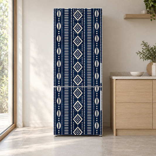 Adire Indigo Pattern fridge wrap on a white refrigerator in a bright kitchen