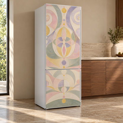 Af Klint-Inspired Spiritual Geometry fridge wrap, refrigerator shown at an angle