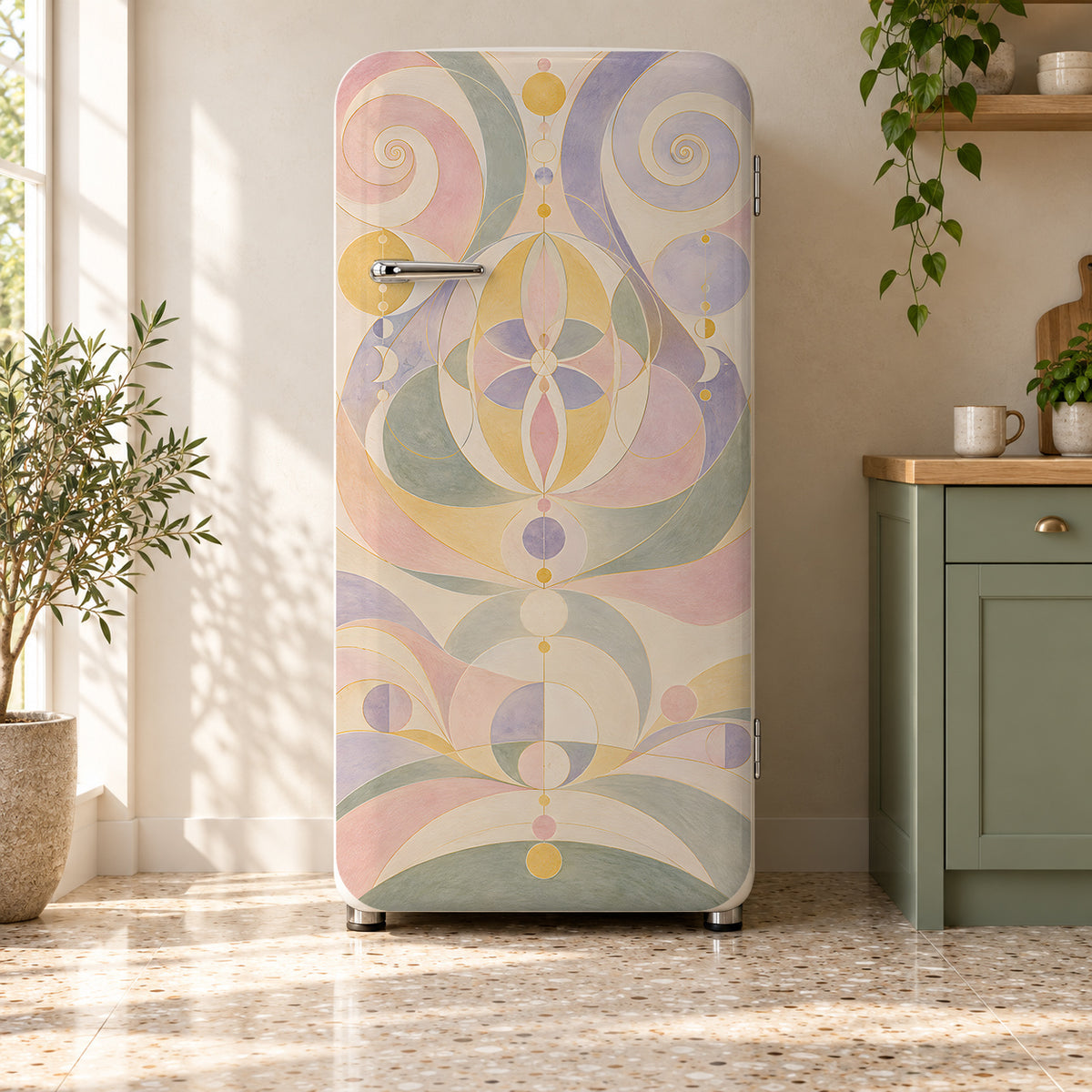 Af Klint-Inspired Spiritual Geometry fridge wrap on a retro refrigerator