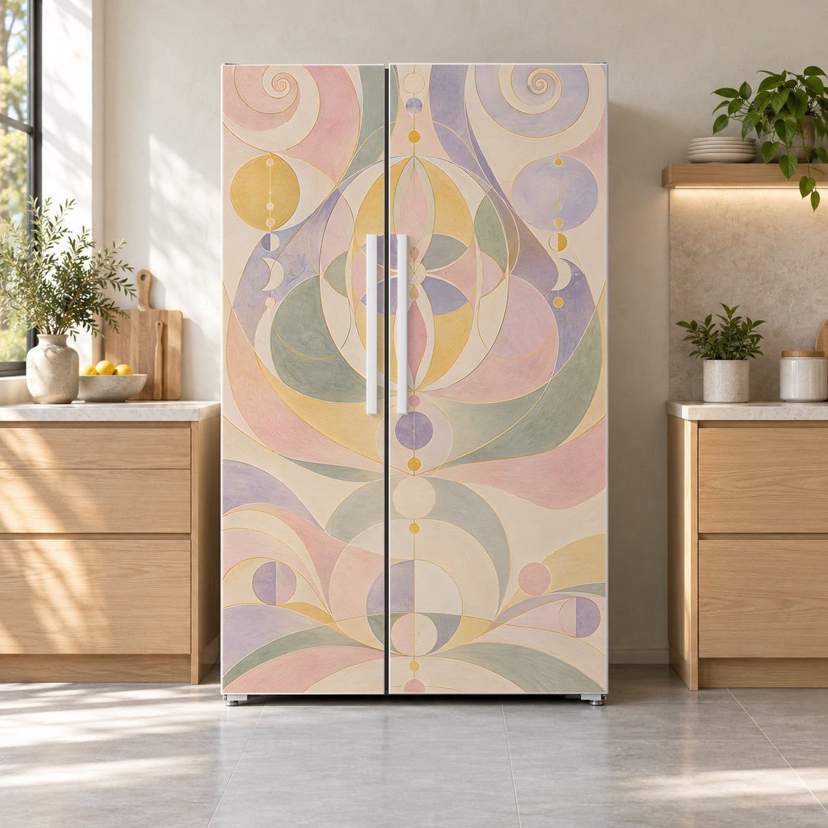 Af Klint-Inspired Spiritual Geometry fridge wrap on a side-by-side refrigerator