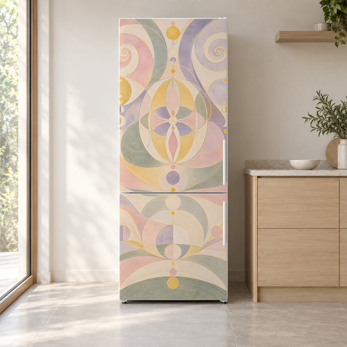Af Klint-Inspired Spiritual Geometry fridge wrap on a white refrigerator in a bright kitchen