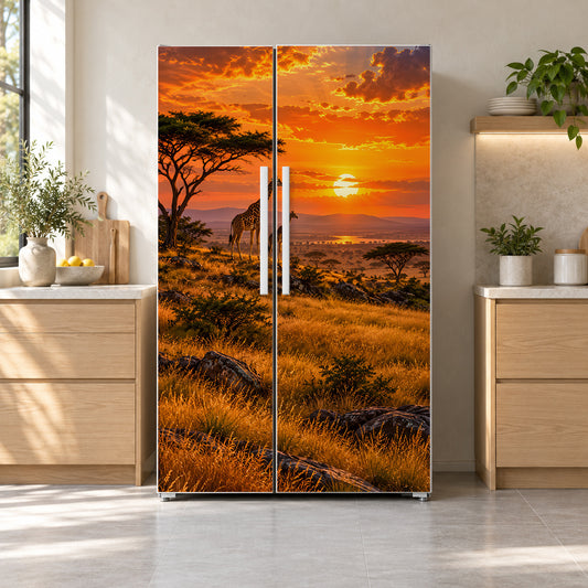 African Savanna Giraffes Sunset fridge wrap on a side-by-side refrigerator