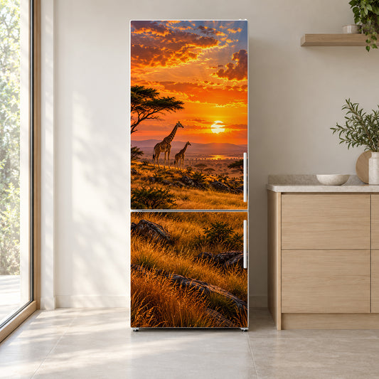 African Savanna Giraffes Sunset fridge wrap on a white refrigerator in a bright kitchen