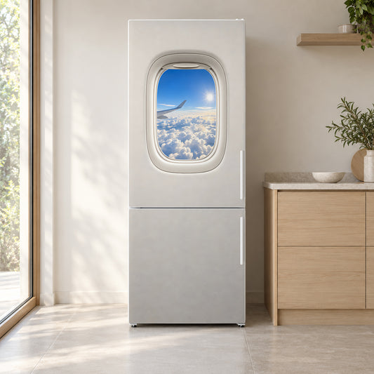 Airplane Window Above Clouds fridge wrap on a white refrigerator in a bright kitchen