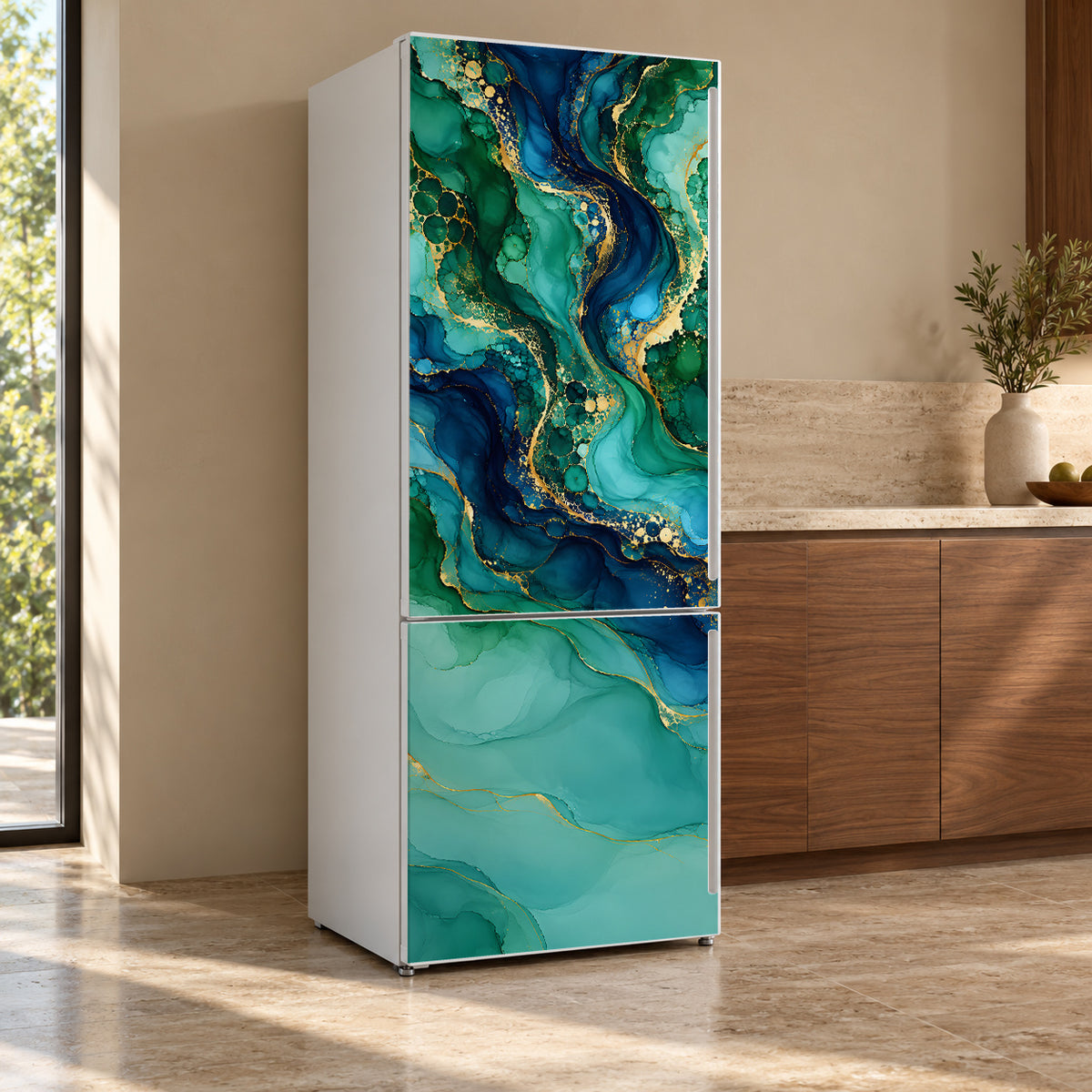 Alcohol Ink Fluid Art fridge wrap, refrigerator shown at an angle