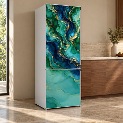 Alcohol Ink Fluid Art fridge wrap, refrigerator shown at an angle