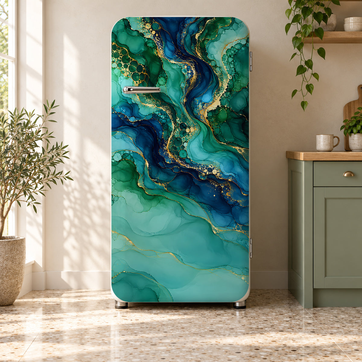 Alcohol Ink Fluid Art fridge wrap on a retro refrigerator