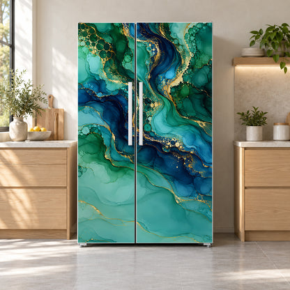 Alcohol Ink Fluid Art fridge wrap on a side-by-side refrigerator