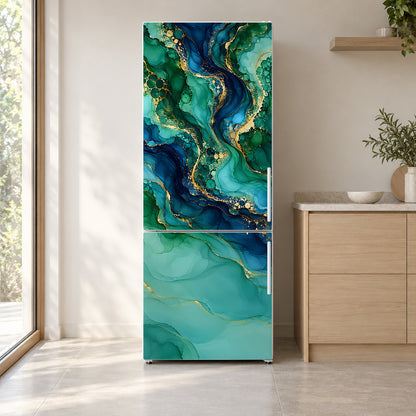 Alcohol Ink Fluid Art fridge wrap on a white refrigerator in a bright kitchen