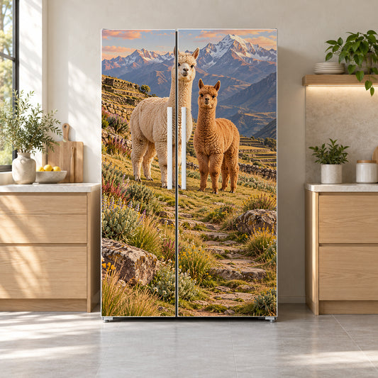Alpacas fridge wrap on a side-by-side refrigerator