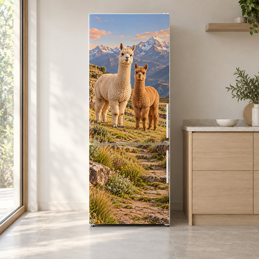 Alpacas fridge wrap on a white refrigerator in a bright kitchen