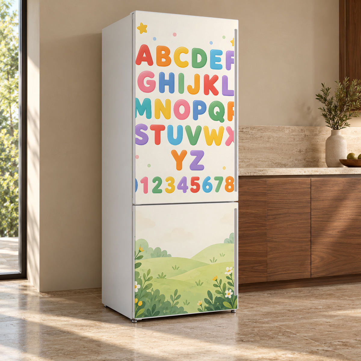 Alphabet & Numbers fridge wrap, refrigerator shown at an angle