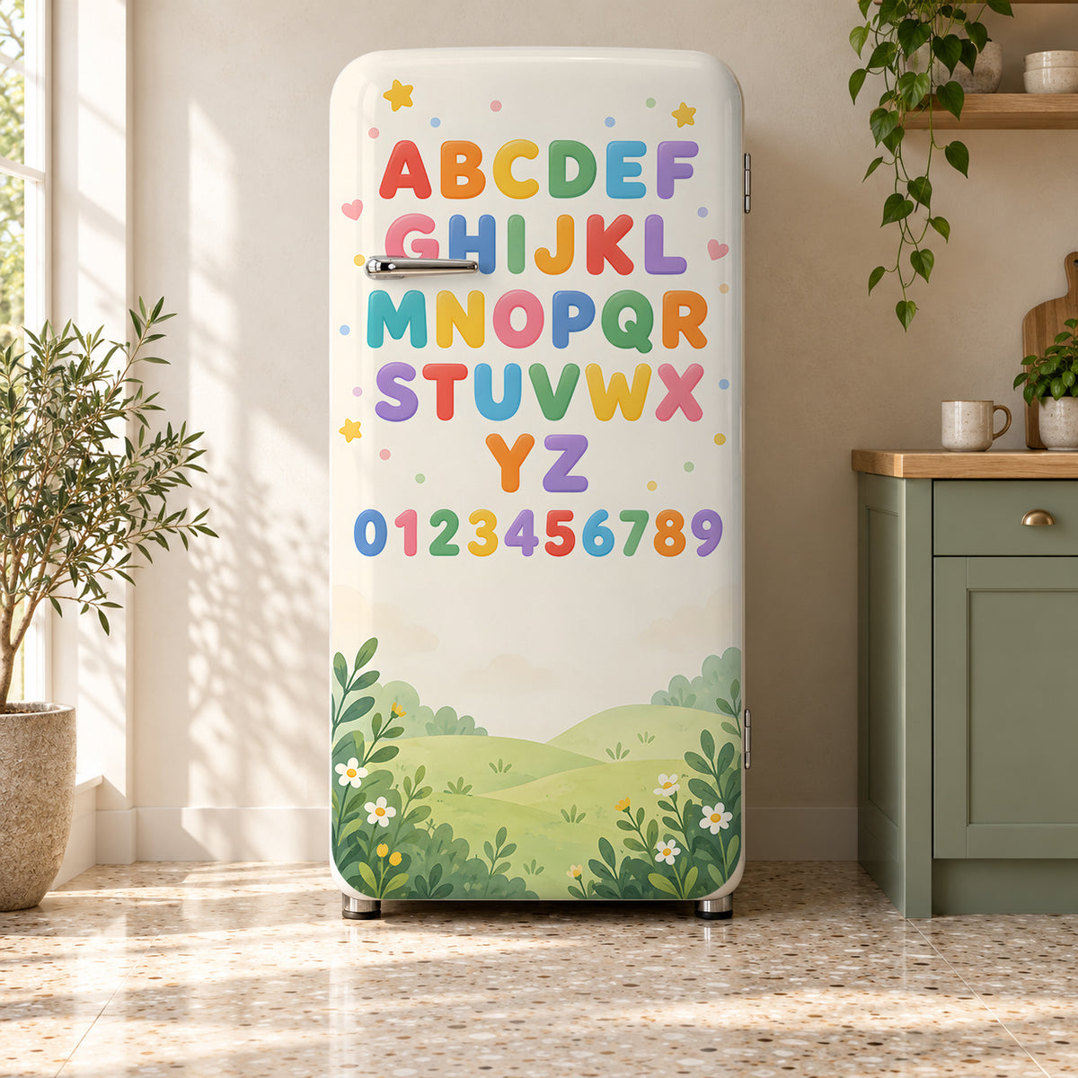 Alphabet & Numbers fridge wrap on a retro refrigerator