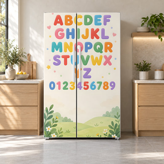 Alphabet & Numbers fridge wrap on a side-by-side refrigerator