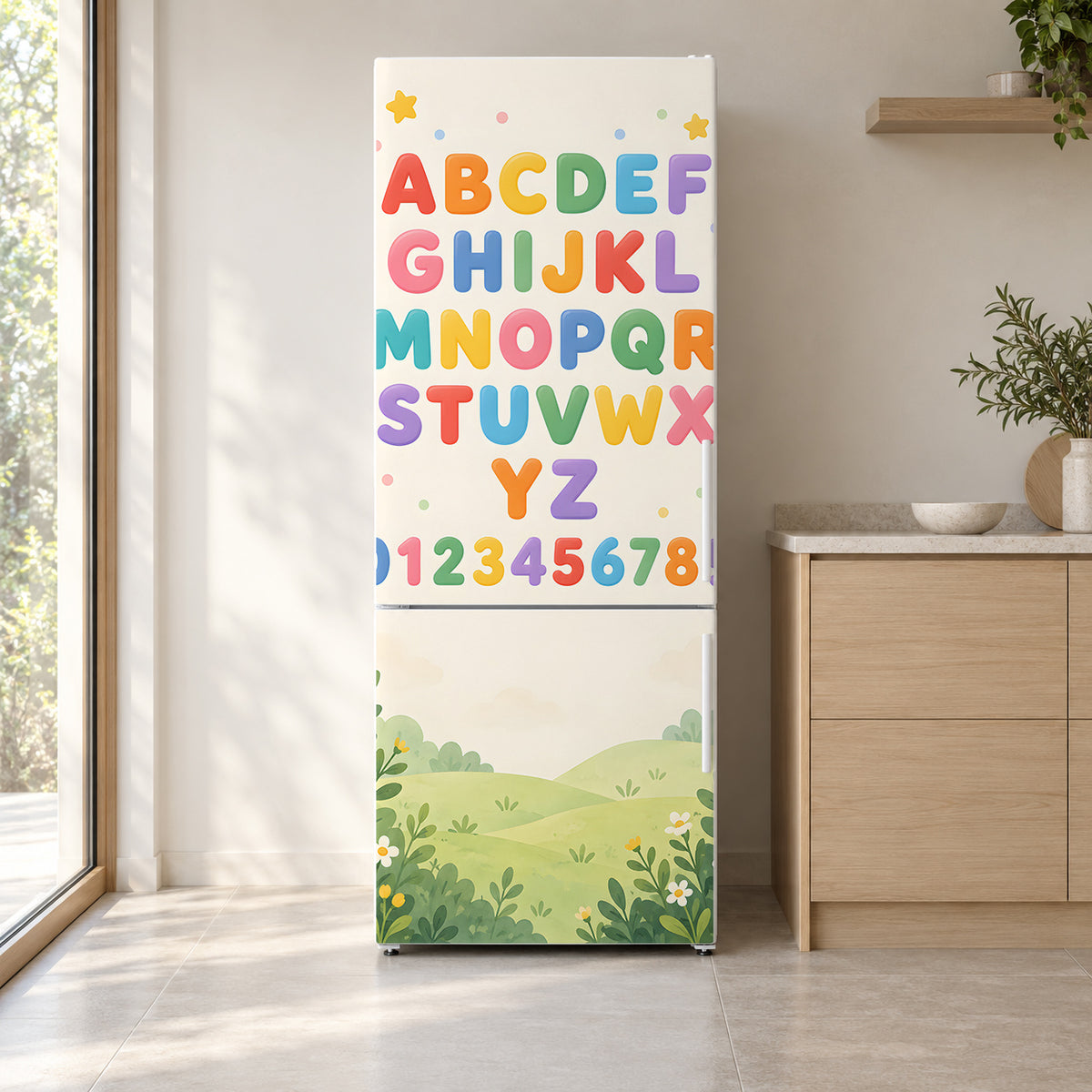 Alphabet & Numbers fridge wrap on a white refrigerator in a bright kitchen