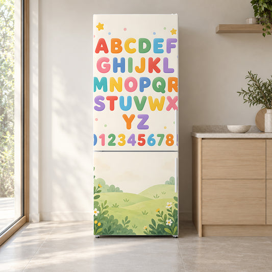 Alphabet & Numbers fridge wrap on a white refrigerator in a bright kitchen