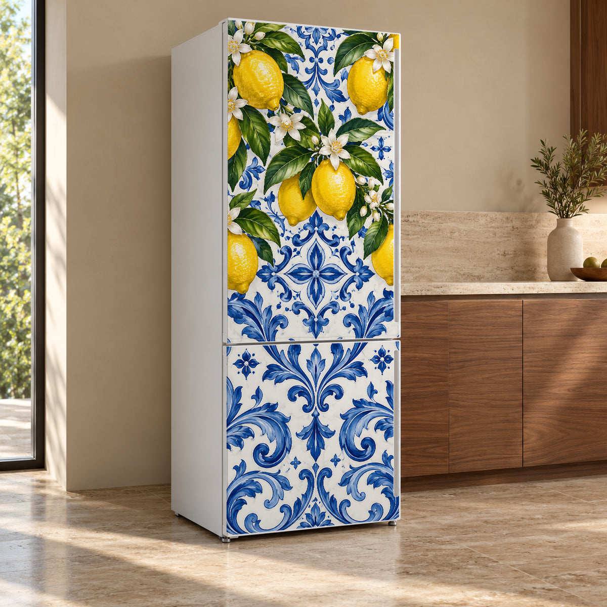 Amalfi Lemons & Majolica fridge wrap, refrigerator shown at an angle