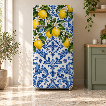 Amalfi Lemons & Majolica fridge wrap on a retro refrigerator