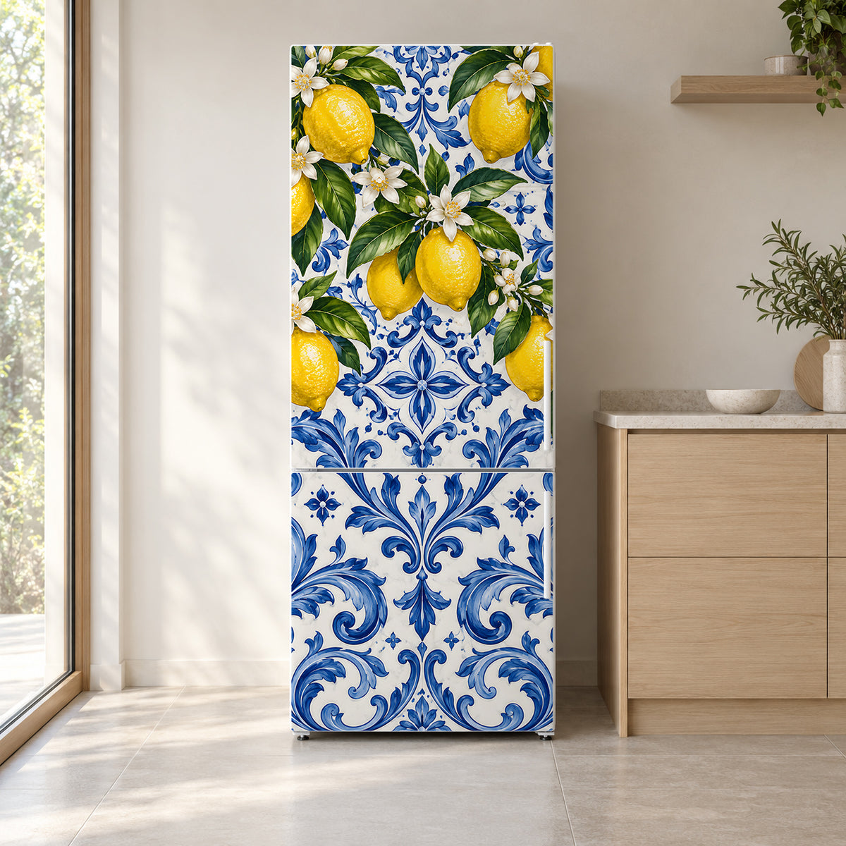 Amalfi Lemons & Majolica fridge wrap on a white refrigerator in a bright kitchen