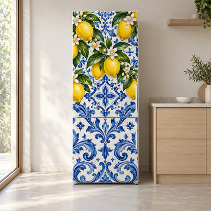 Amalfi Lemons & Majolica fridge wrap on a white refrigerator in a bright kitchen