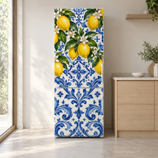 Amalfi Lemons & Majolica fridge wrap on a white refrigerator in a bright kitchen