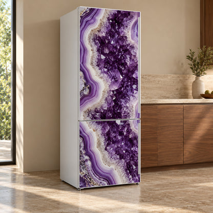 Amethyst Geode fridge wrap, refrigerator shown at an angle
