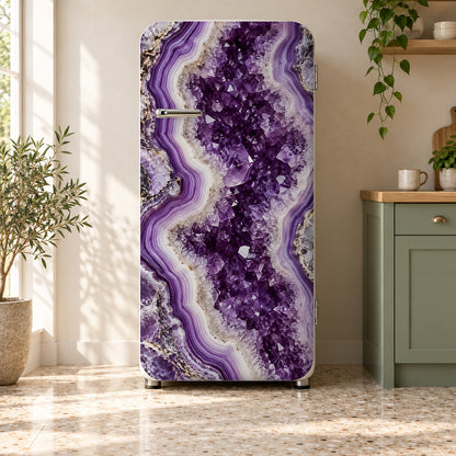Amethyst Geode fridge wrap on a retro refrigerator