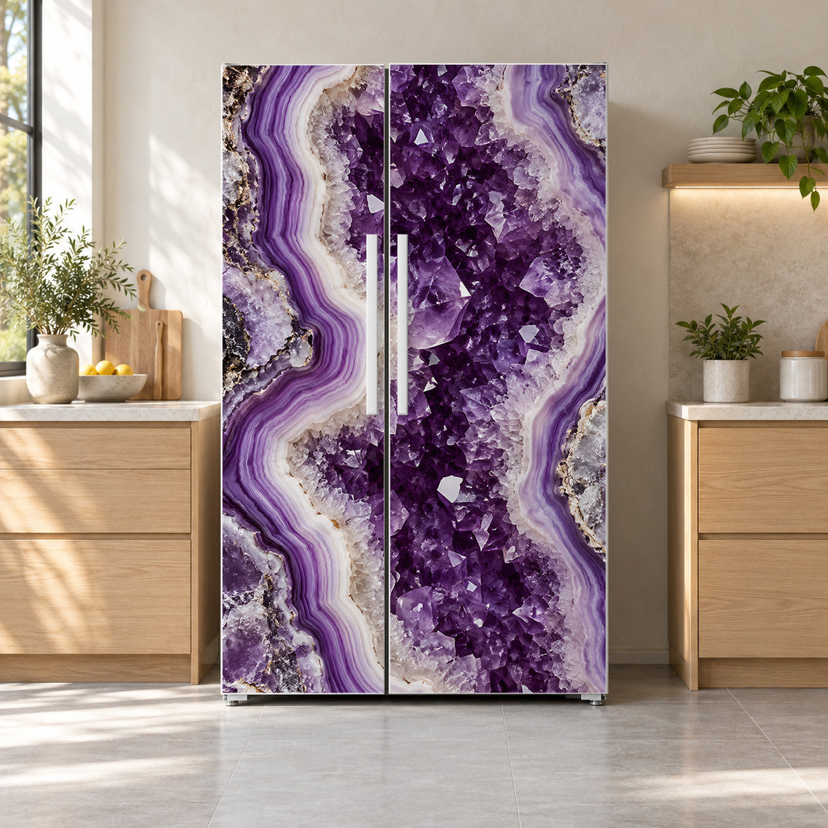 Amethyst Geode fridge wrap on a side-by-side refrigerator